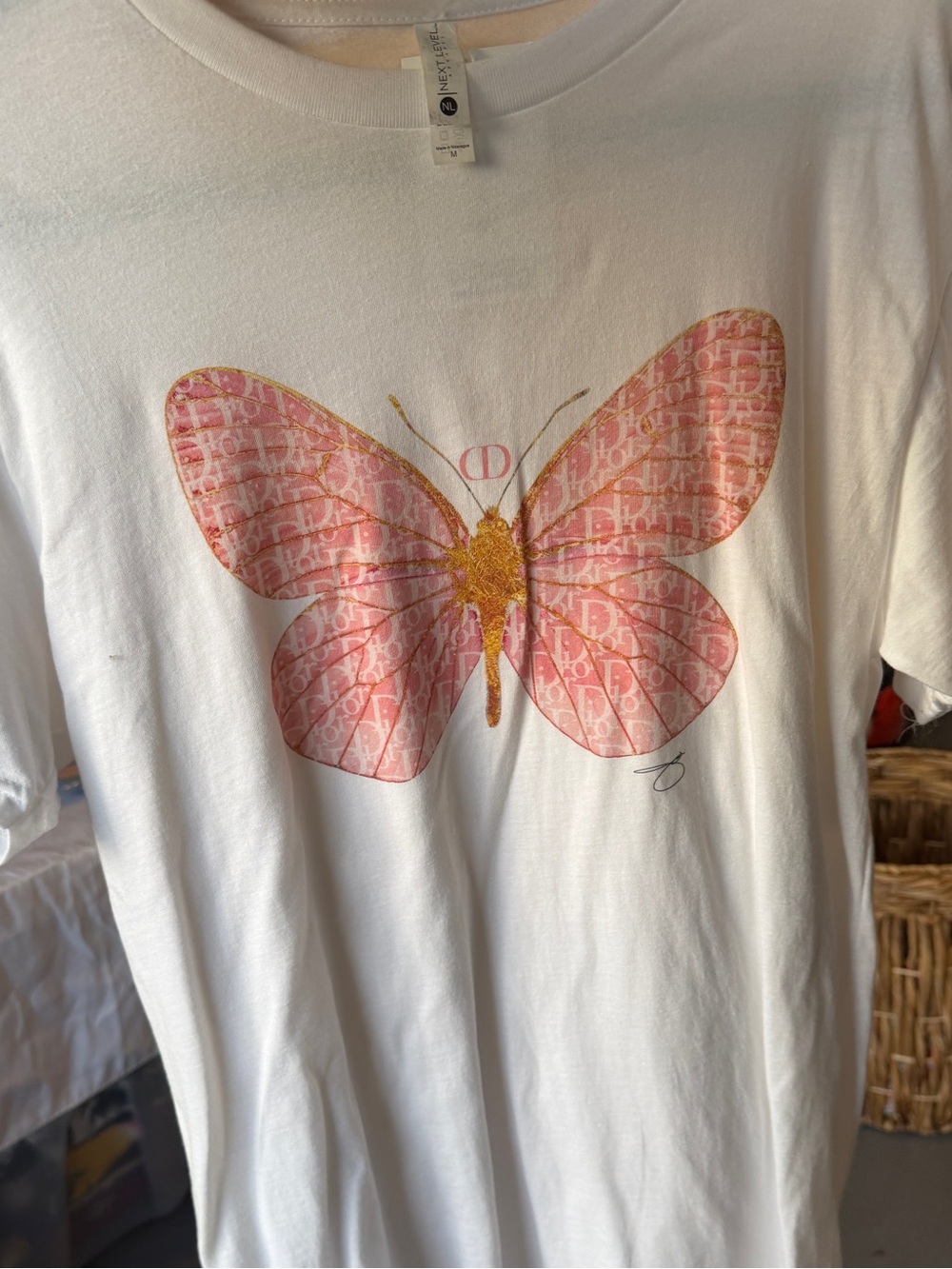 next White Tee with Pink Butterfly and Gold Detail